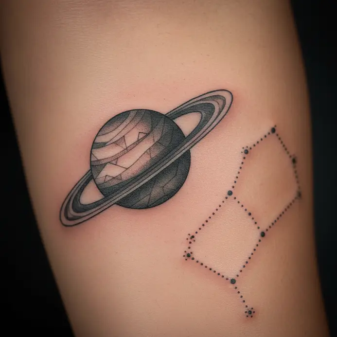 A detailed blackwork tattoo of the planet Saturn placed adjacent to a mapping of the Capricornus stars.