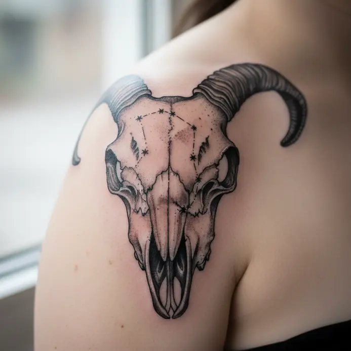 A hyper-realistic tattoo of a goat skull on a shoulder, with the Capricorn constellation lines overlaid on the bone.