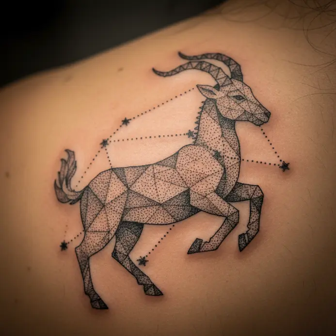 A detailed Capricorn constellation tattoo created with dot work shading on the shoulder blade.