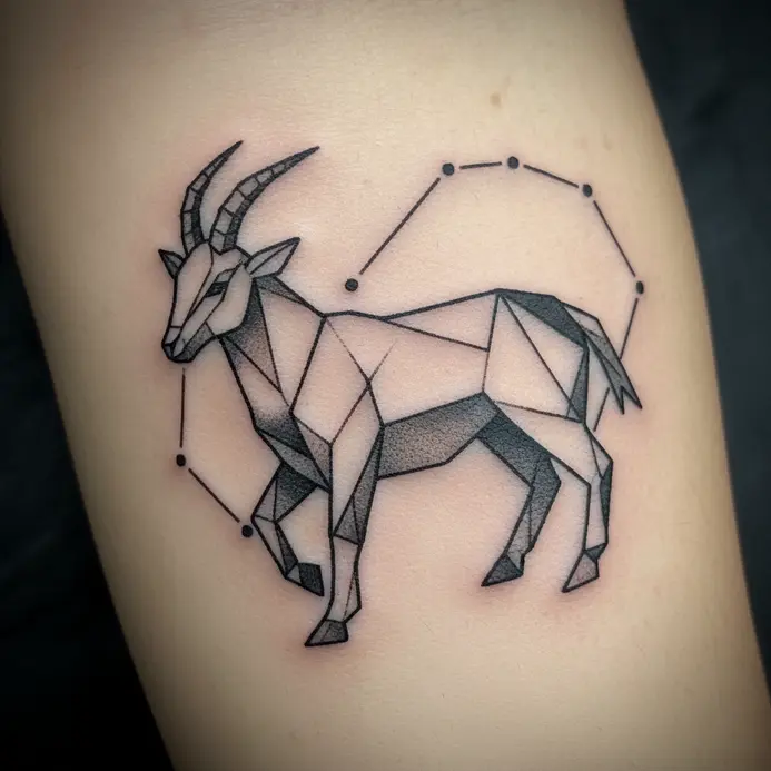 A forearm tattoo featuring a geometric interpretation of the sea-goat hybrid intertwined with its constellation lines.