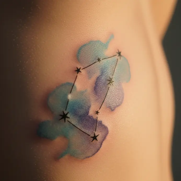A Capricornus constellation tattoo on the ribs with soft watercolor blues and purples creating a nebula effect.