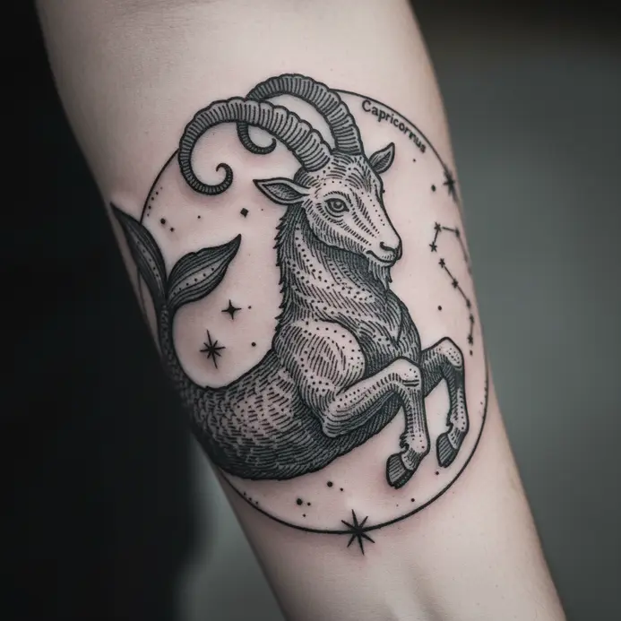 A blackwork tattoo of the Capricorn sea-goat in a vintage etching or woodcut style.