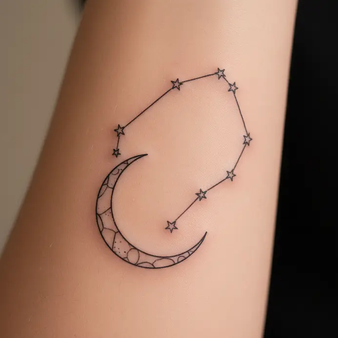 A simple line art tattoo of the Capricorn constellation placed near a slender crescent moon.