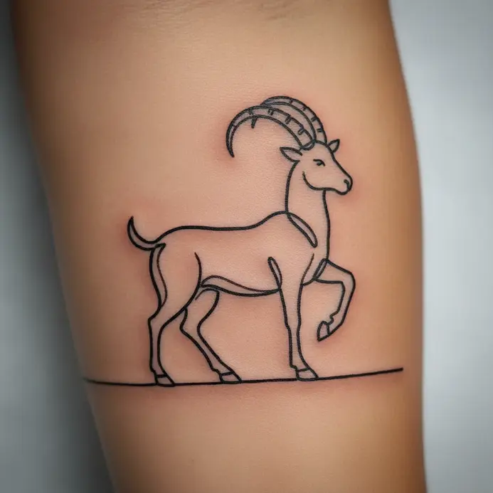 A continuous line drawing tattoo forming the abstract shape of the Capricorn sea-goat.