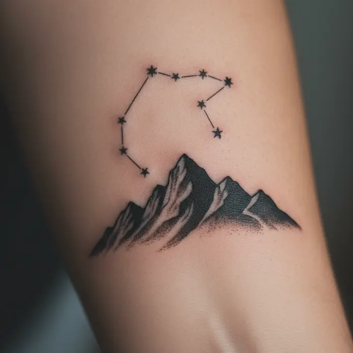 A tattoo of mountain peaks on a forearm with the stars of the Capricorn constellation positioned above them.