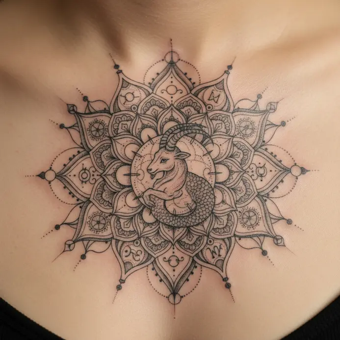 A symmetrical mandala chest tattoo with the sea-goat figure integrated into its detailed center.