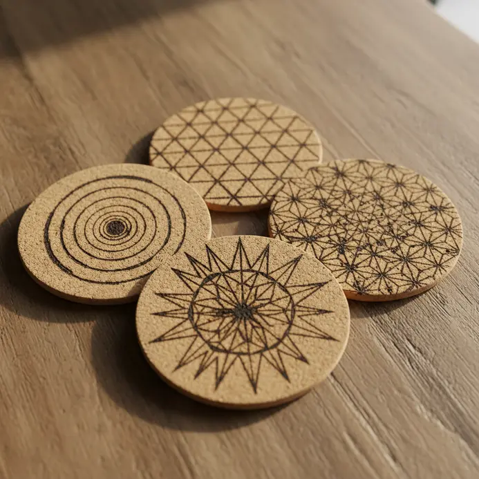 Four round cork coasters with precise, geometric patterns burned into the surface.