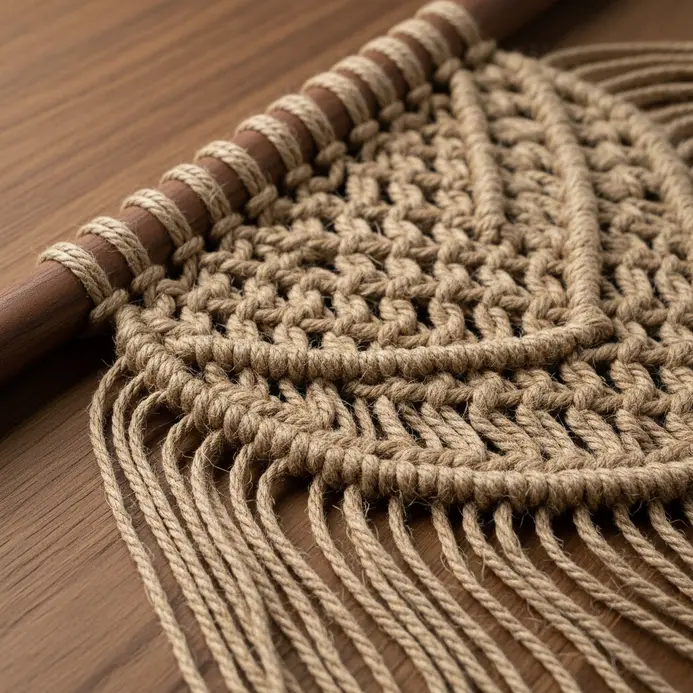 A large, textured macrame wall hanging with various knots on a wooden dowel.