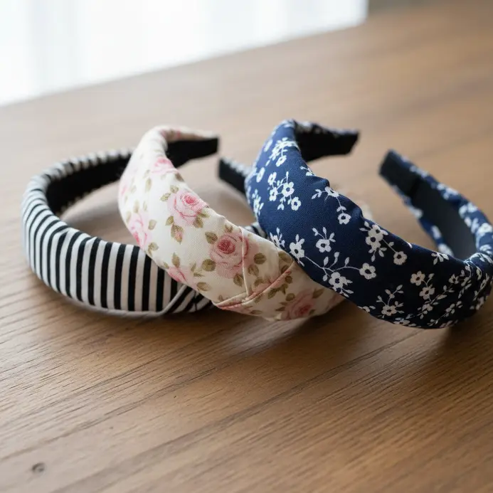 Three plastic headbands completely wrapped in coordinating striped and floral cotton fabrics.