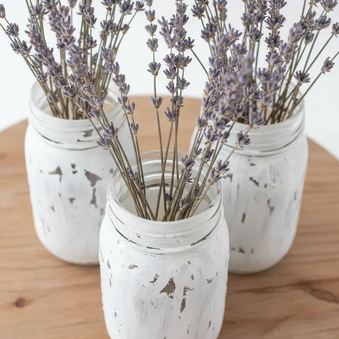 Three glass mason jar vases with a white, chipped paint finish and dried lavender inside.