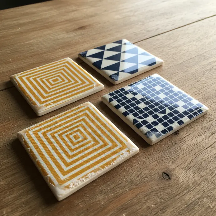 Four square ceramic tile coasters covered with patterned fabric and a glossy sealant.
