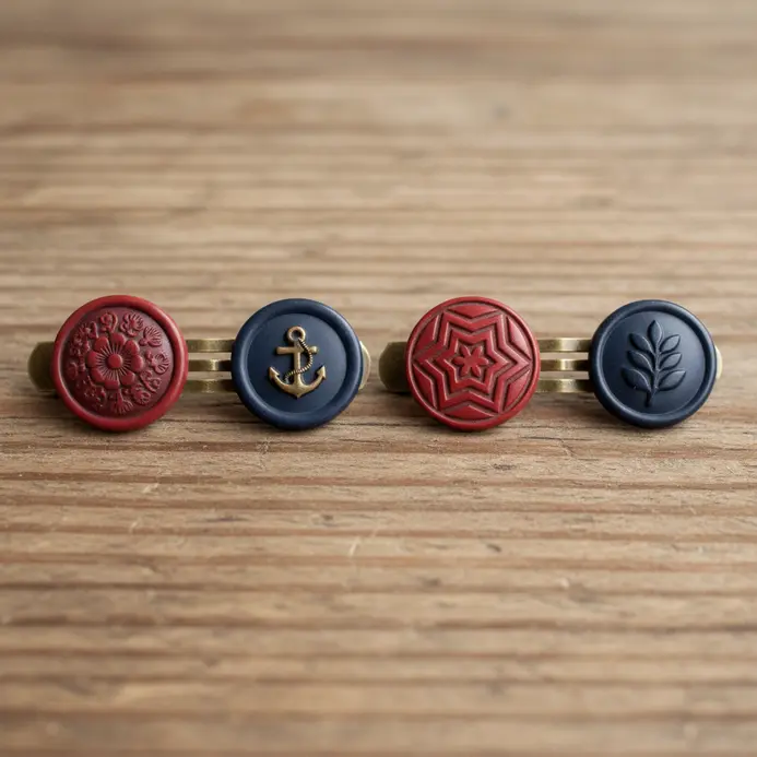 Four hair clips, each adorned with a unique vintage button on a metal clip base.