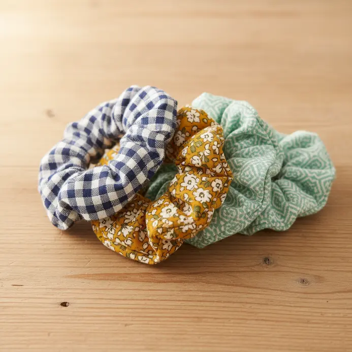 A colorful stack of fabric scrunchies made from assorted patterned cotton scraps.