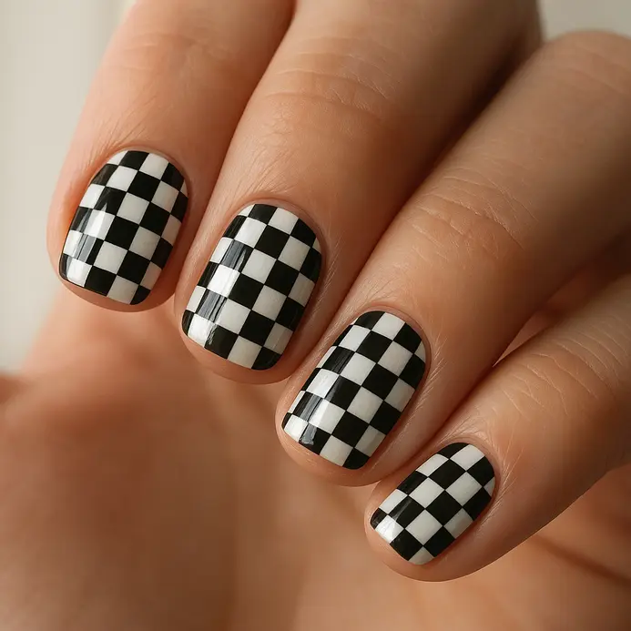 Short square nails with a crisp black and white checkerboard pattern painted on a glossy finish.