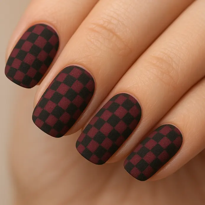 A deep burgundy and black checkerboard pattern with a velvety matte texture finish.