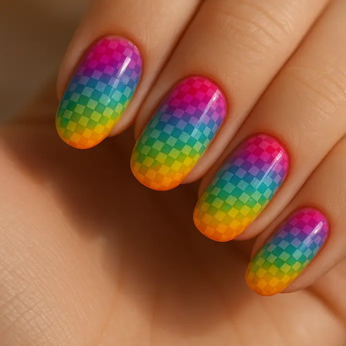 A checkered pattern where each square shifts through a gradient of rainbow colors.