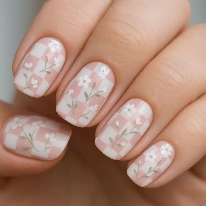 A pink and white checkerboard background with delicate hand-painted white flowers overlaid on some squares.