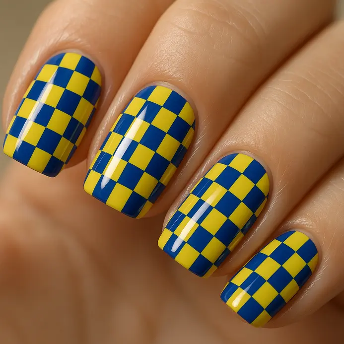 A vibrant, high-gloss checkerboard pattern using bright royal blue and sunny yellow.