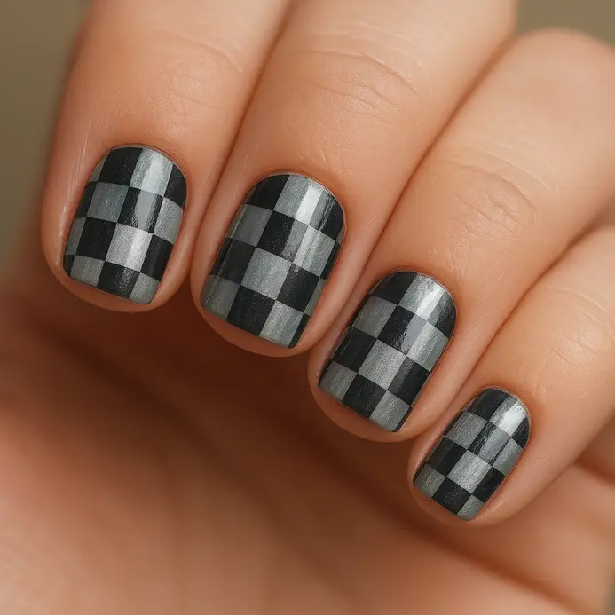 A checkered pattern in varying shades of glossy gray, creating a tonal, sophisticated look.