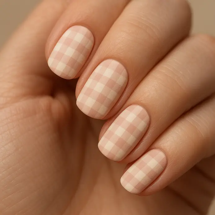 A soft pastel pink and white gingham pattern covering the nails with a matte top coat.