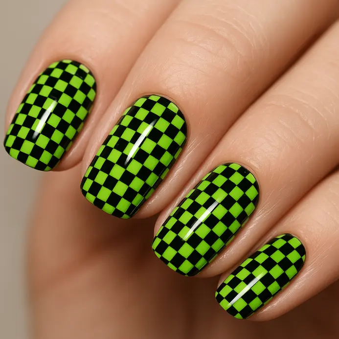 A high-contrast pattern of tiny neon green and black squares on a glossy black base.