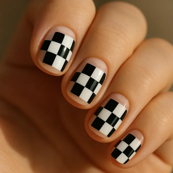 A checkered pattern in black and white floating on a clear, natural nail base for a modern look.