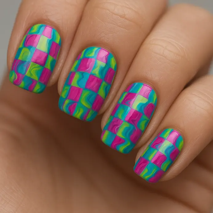 A multicolored checkerboard pattern with a wavy, liquid distortion effect across the nails.
