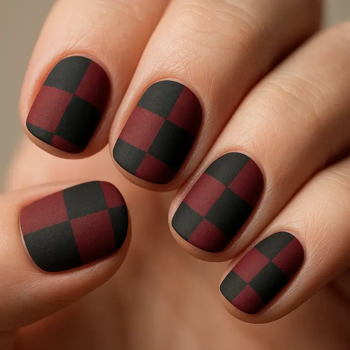 Two or three oversized red and black checkered squares on each nail with a flat matte finish.