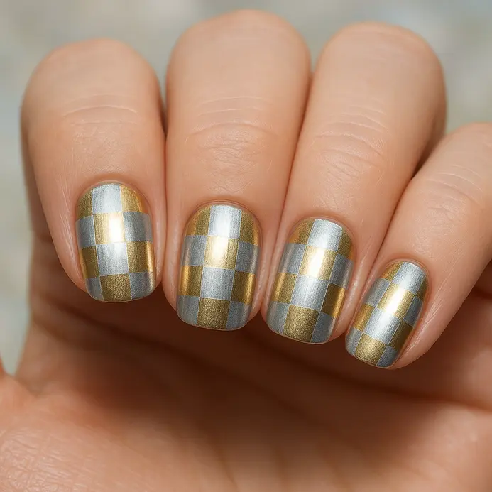 A reflective checkerboard pattern created with alternating metallic gold and silver polish.