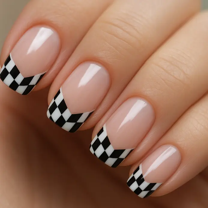 Classic French manicure tips replaced with a diagonal black and white checkerboard stripe.