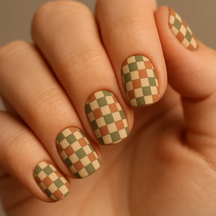 A single nail on each hand features a small checkered pattern in olive green and terracotta.