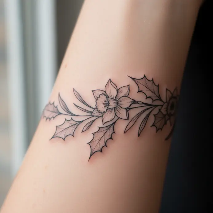 A delicate line drawing of holly leaves and narcissus flowers encircling a forearm.