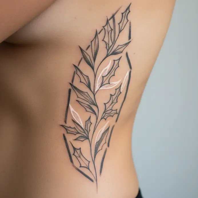 An abstract composition of flowing lines suggesting the forms of narcissus and holly on the ribcage.