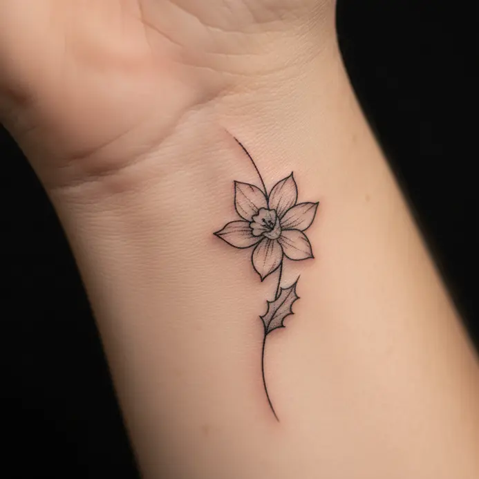 A single slender narcissus stem with one small holly leaf in simple black ink on a wrist.