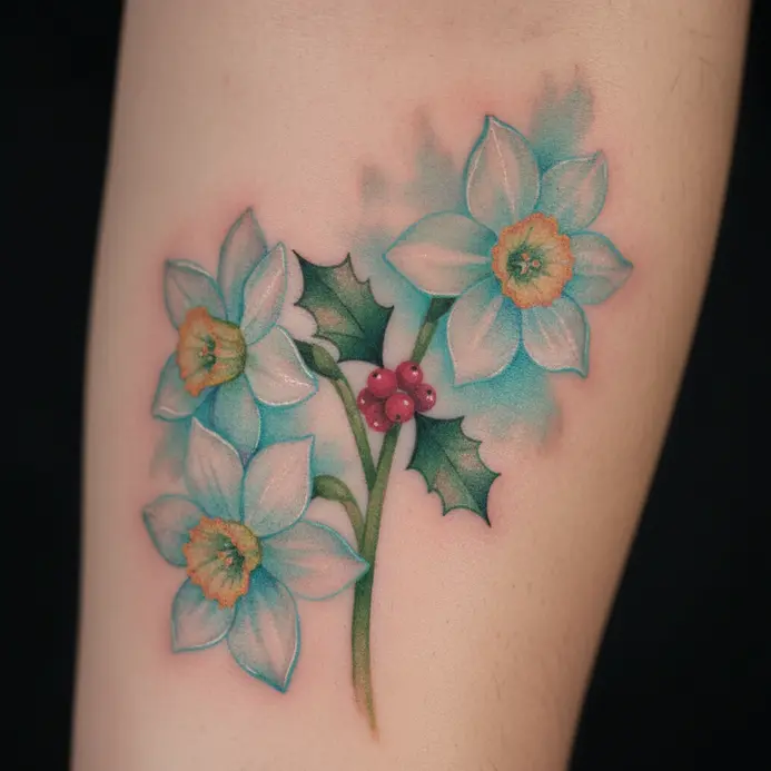 A bouquet of white narcissus flowers with soft color washes and a sprig of vibrant red holly berries.