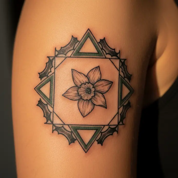 A precise geometric wreath of holly leaves framing a single narcissus bloom on an upper arm.