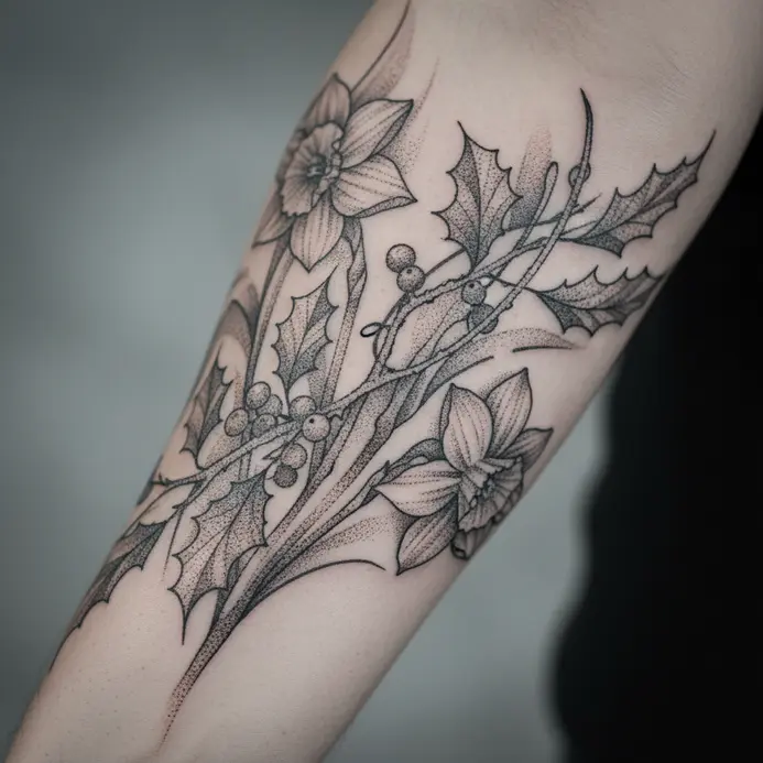 An intricate botanical sleeve tattoo using dotwork shading to depict intertwined holly and narcissus plants.