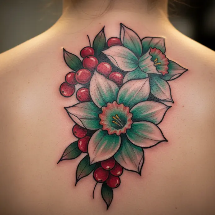 A vibrant neo traditional tattoo with bold lines and rich color depicting holly and narcissus on the upper back.