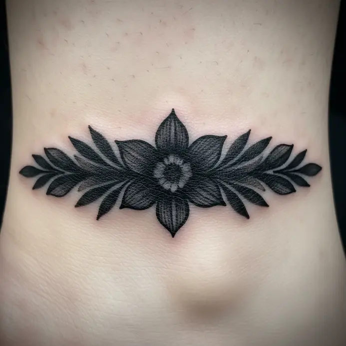 A solid blackwork design of a narcissus flower and holly leaves forming a band around the ankle.