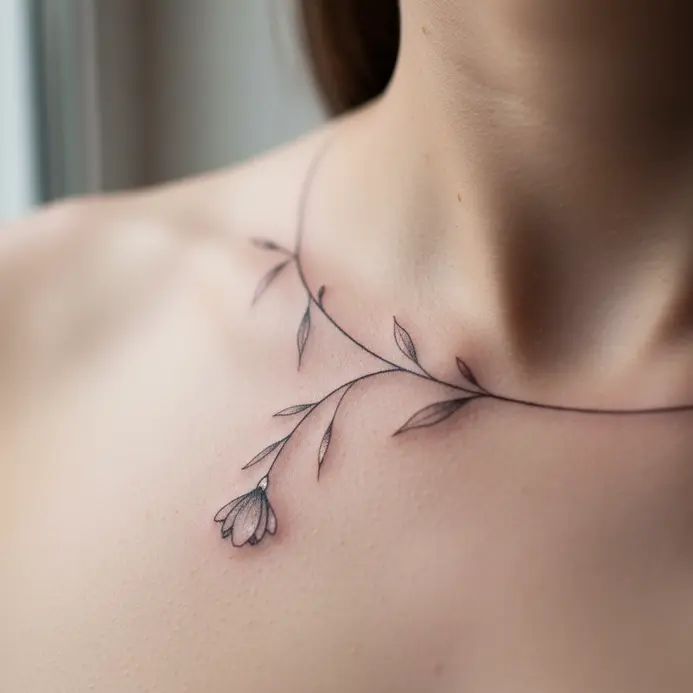 A single, finely detailed narcissus stem tattooed along the collarbone.
