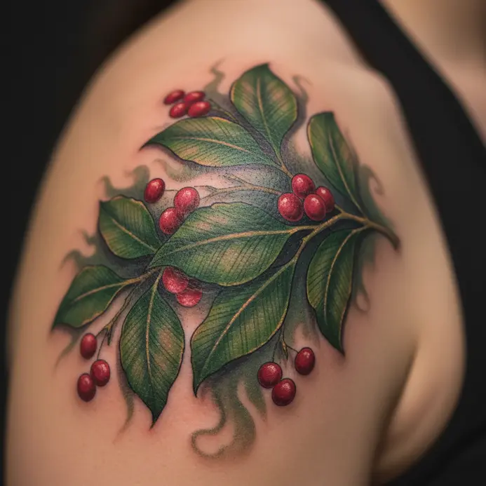 A photorealistic tattoo of a spiky holly branch with glossy berries cascading over the shoulder.