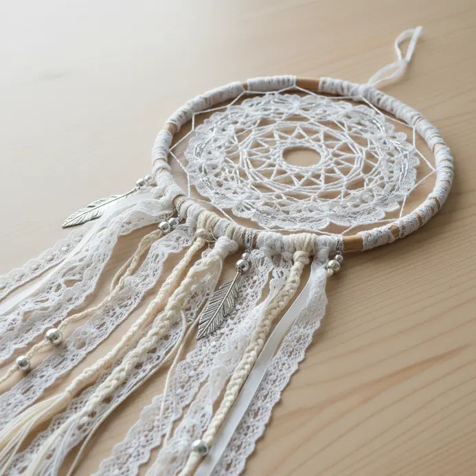 A minimalist dreamcatcher with a delicate white lace web woven on a thin metal ring.