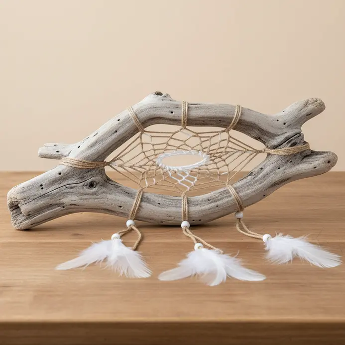 A rustic wall art piece with a weathered driftwood branch holding a woven dreamcatcher web and natural fibers.