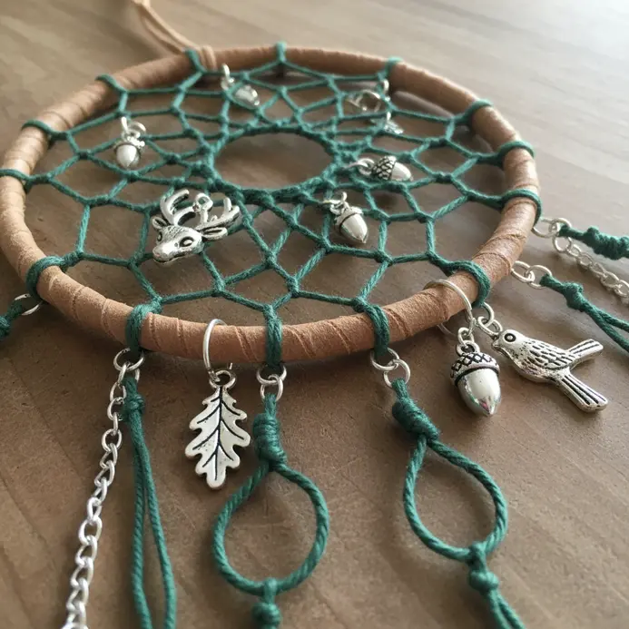 A woodland-themed dreamcatcher decorated with silver-plated charms of mushrooms, leaves, and feathers.