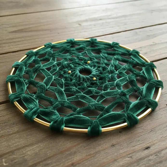 A soft and luxurious dreamcatcher with a web woven from narrow strips of emerald green velvet ribbon.
