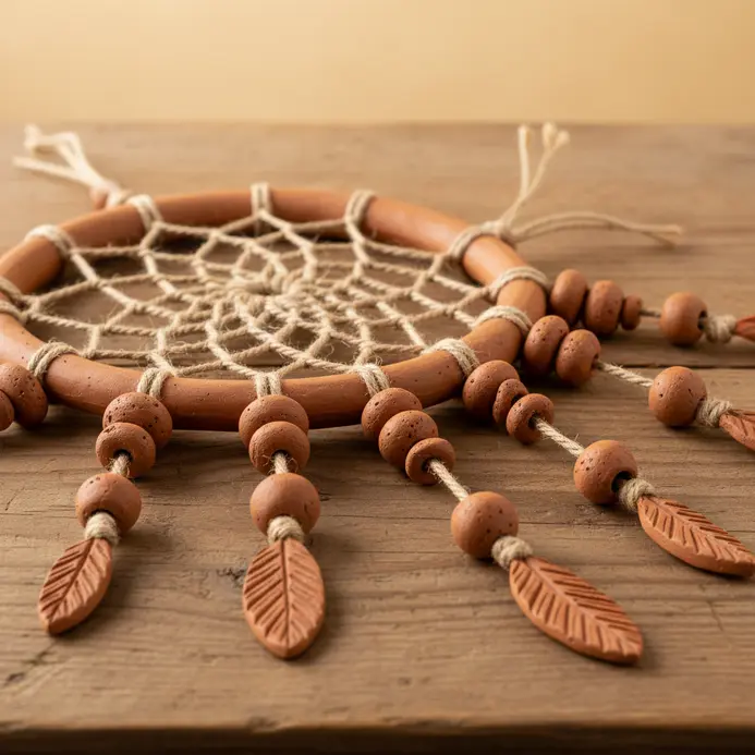 An earthy dreamcatcher with a simple web and strands of handmade, unglazed terracotta clay beads in various shapes.