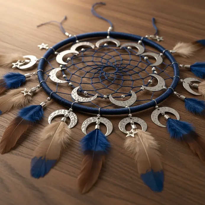 A celestial dreamcatcher featuring a central crescent moon charm and dangling natural goose and pheasant feathers.