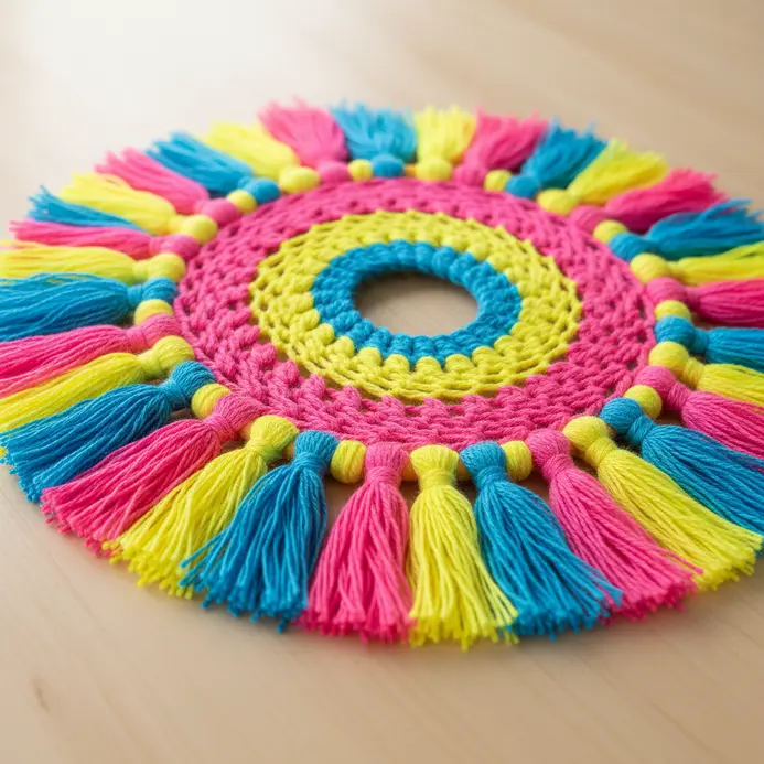 A vibrant festival-style dreamcatcher with a neon pink and yellow web and a dense cluster of multicolored yarn tassels.