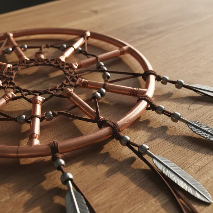 A modern industrial dreamcatcher with a gleaming copper pipe hoop and a web made of thin, dark leather cord.