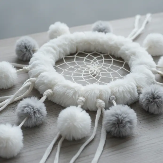 A cozy textural dreamcatcher with a standard web and large, fluffy pom-poms made from soft white faux fur.